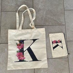 Set of Matching Floral K Tote & Cosmetics Bag